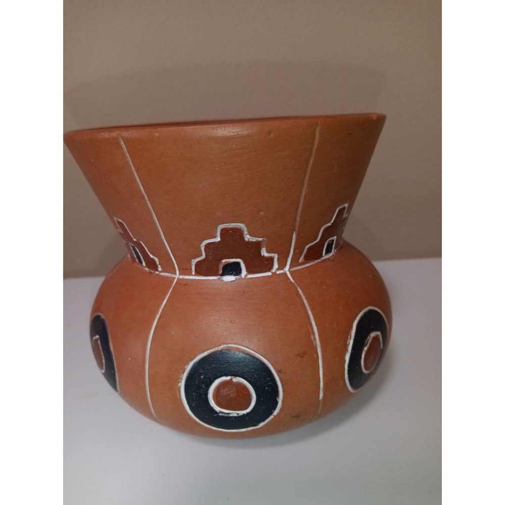 Vintage Oaxacan Geometric Vessel Vase Handmade in Mexico 8 inches